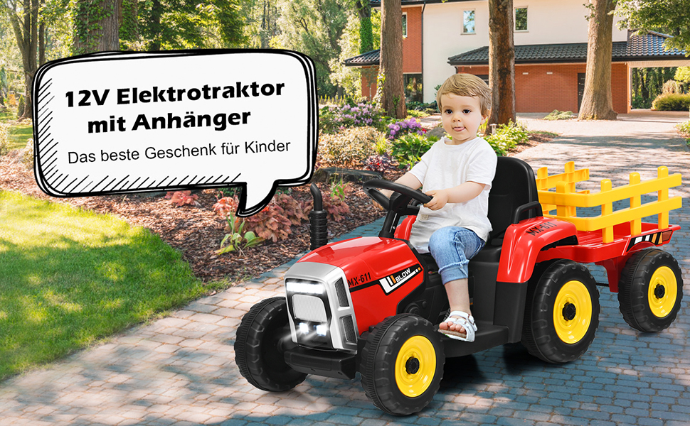 3-Gang Kinder Traktor 12V Aufsitztraktor mit abnehmbarem Anhänger Rot -  Costway