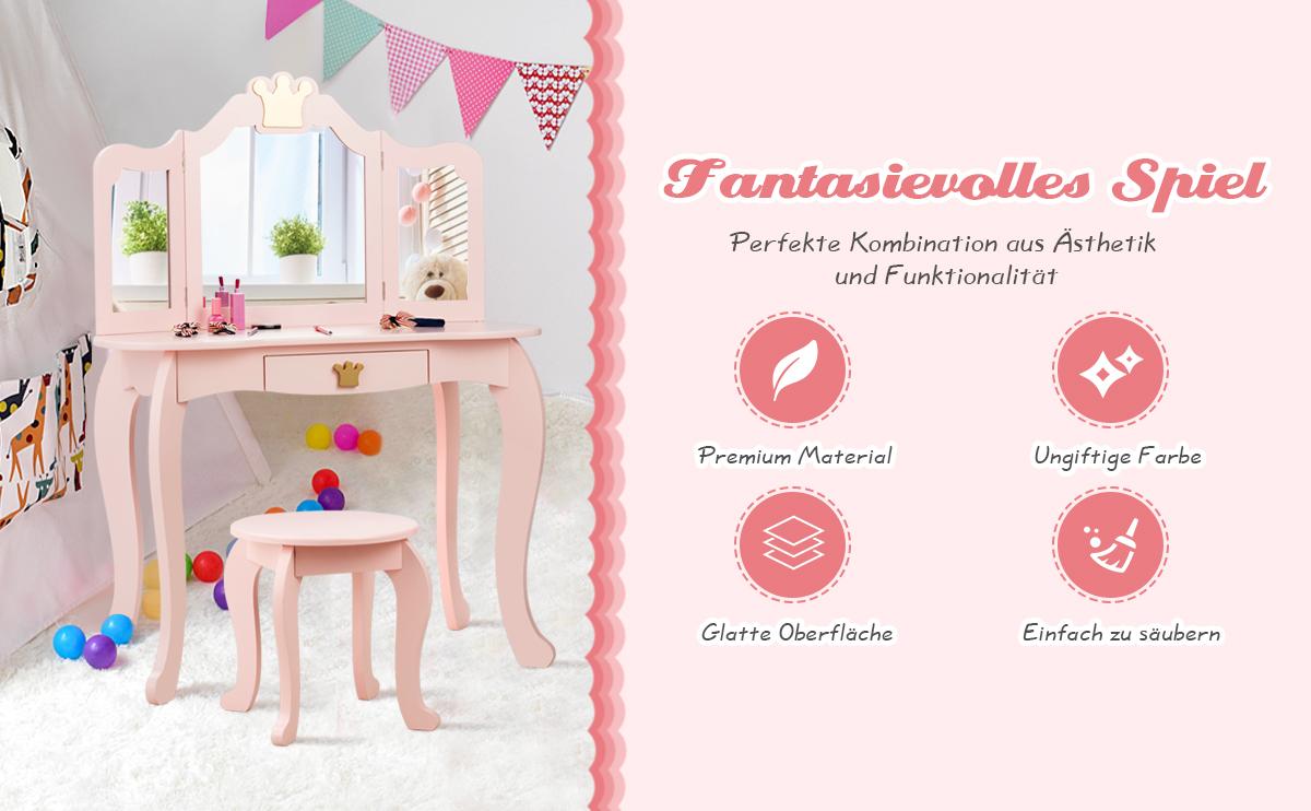 Kinder Make-up Schminke Schminktisch und Stuhl mit dreifach ausklappbarem Spiegel