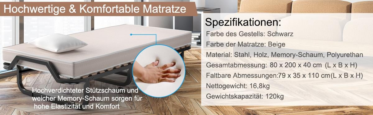 Klappbett mit Memory-Schaum-Matratze
