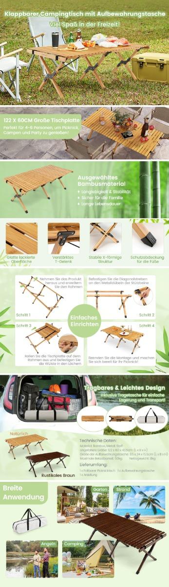 Campingtisch Klappbarer Picknicktisch mit Tragetasche Aufrollbarer  Bambustisch 122 x 60 x 43,5 cm Natur - Costway