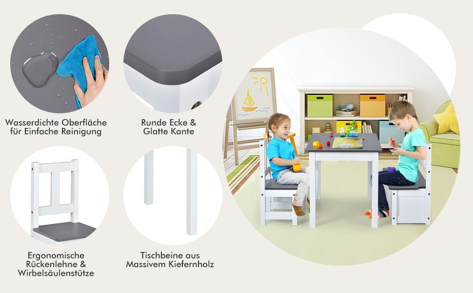 kinder tisch set mit 2 stühlen & 1 ablagebank