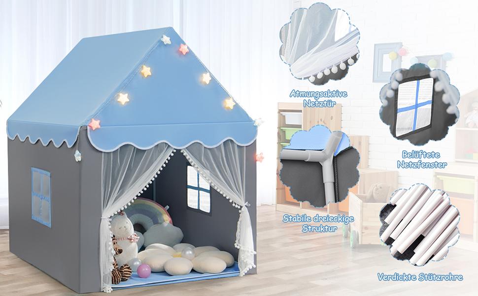 großes kinderspielhauszelt mit fenstern