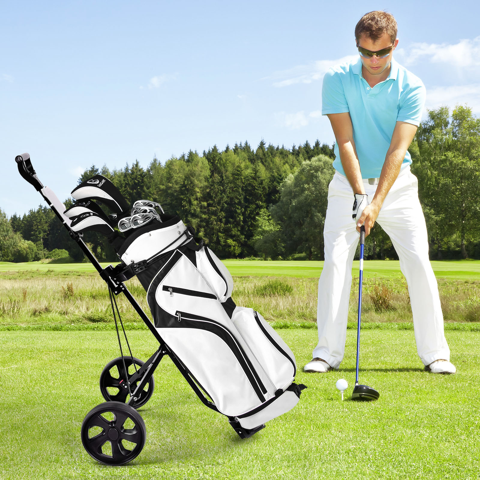Costway Klappbarer Golf Trolley aus Stahl mit Scorecardhalter 2 Rad Golftrolley Golf Bag Push Cart Schwarz