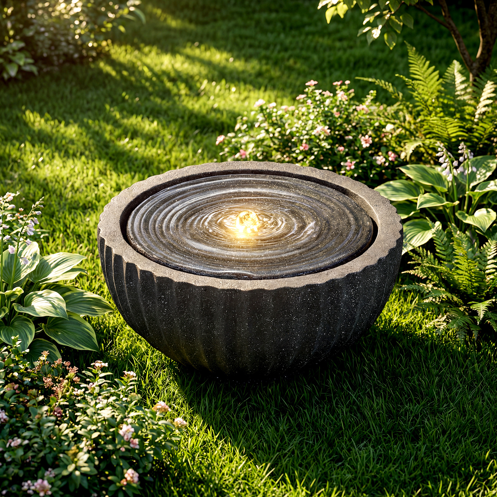 Costway Gartenbrunnen Runder Springbrunnen mit LED Beleuchtung Kleiner Terrassenbrunnen