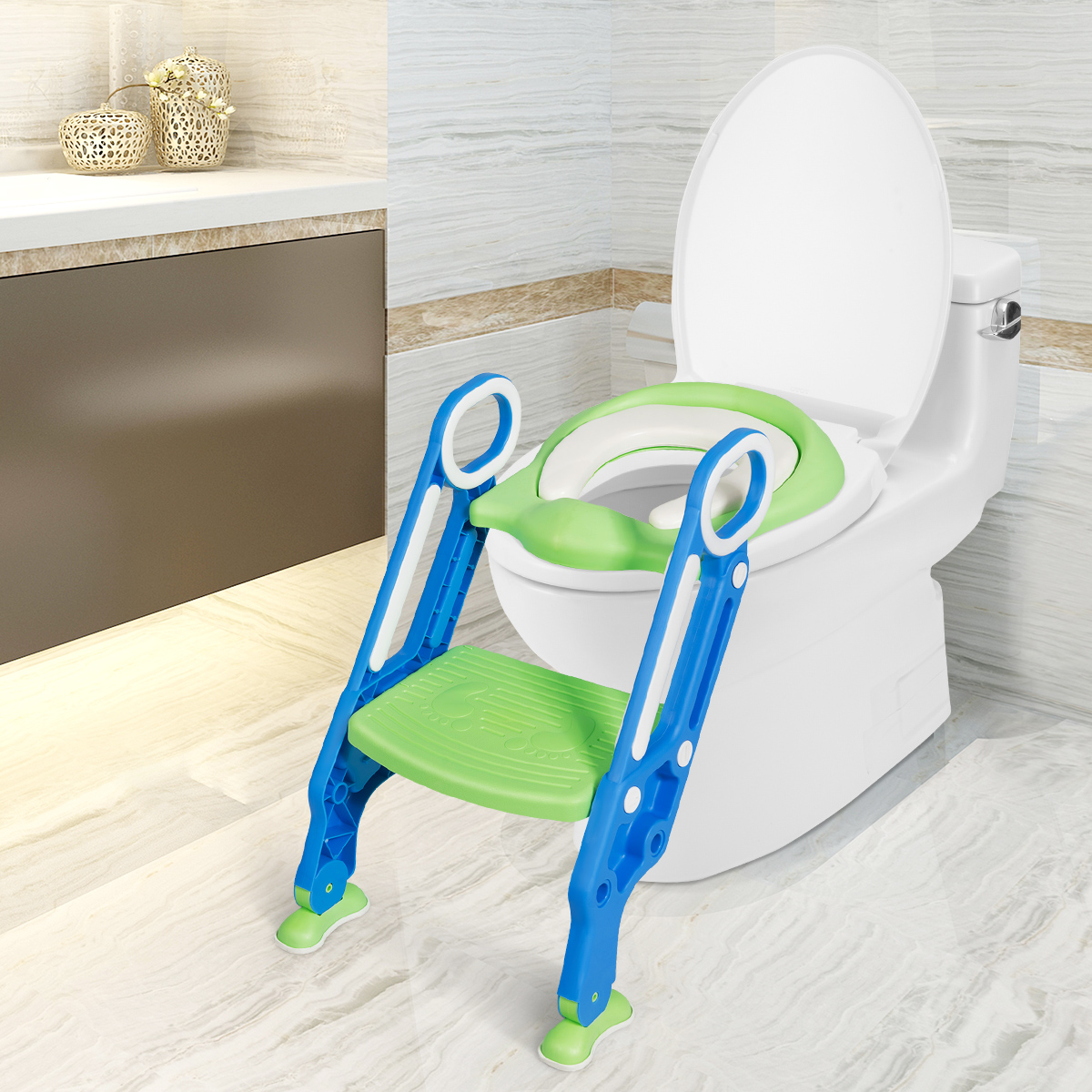 Kinder Toilettensitz höhenverstellbar Töpfchentraining Toilettensitz mit Tritthocker Leiter Kindertoilette Blau und Grün