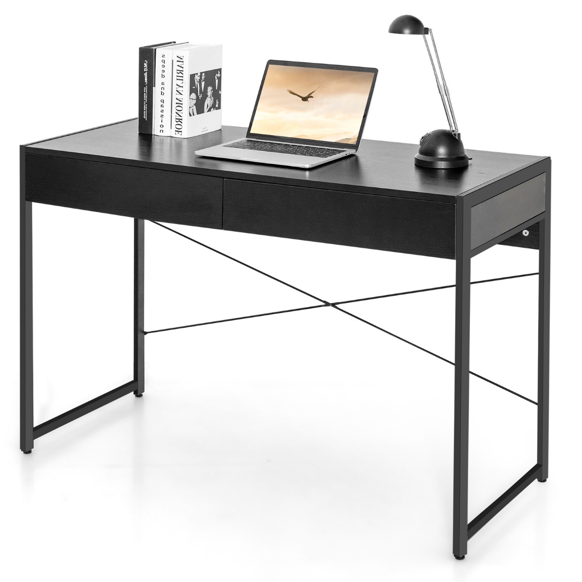 Costway Schreibtisch Computertisch Bürotisch PC Tisch Arbeitstisch mit 2 Schubladen Schwarz