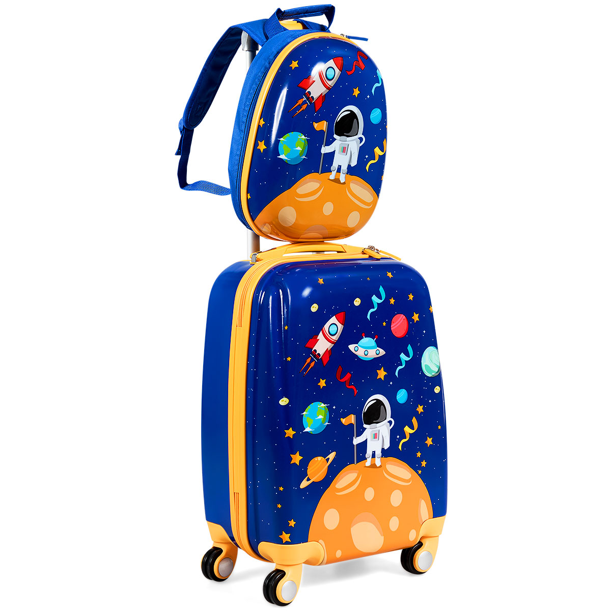 Kinder Trolley Kindergepäck Reisekoffer mit Packriemen und Rollen/Kids Trolley Motive Weltall Weltraum Astronaut oder REH Freiwählbar REH 