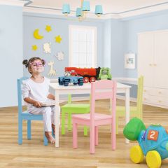 Costway 5 tlg. Kindersitzgruppe Kindertischgruppe Kindertisch mit 4 Stühlen Kiefer Farbig und Weiß
