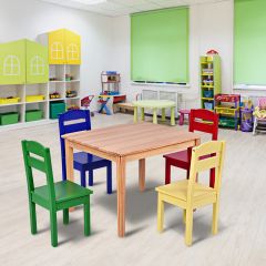 Costway 5 tlg. Kindersitzgruppe Kindertischgruppe Kindertisch mit 4 Stühlen Kiefer Farbig und Natur