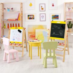 Costway 3 in 1 Kindertafel Klappbar Höhenverstellbare Holztafel für Kinder 50,5 x 53,5 x 79-104 cm Natur + Gelb