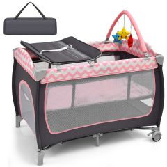 Costway 3-in-1-Babybett Tragbares Reisebett mit Spielzeugstange 125 x 65 x 76 cm Rosa