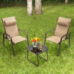 3-teiliges Terrassenmöbel-Set Couchtisch aus Hartglas und 2 stapelbare Stühle braun-1