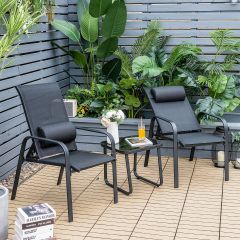 3-teiliges Terrassenmöbel-Set Couchtisch aus Hartglas und 2 stapelbare Stühle schwarz-1