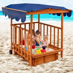 Costway Hölzerner Sandkasten für Kinder Kinder-Spielstation mit Spielhaus Natürlich + Blau