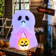 Costway 120 cm Aufblasbarer Halloween-Geist mit Kürbis Halloween-Dekoration mit LED-Leuchten Weiß + Orange