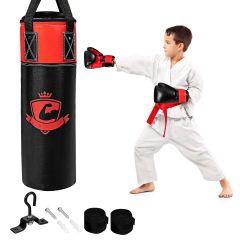 Costway Boxsack Set mit 8oz Boxhandschuhen Handschlaufen Tasche Punchingsack für Kinder und Erwachsene Schwarz + Rot
