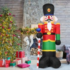 Costway 2,4 m hoher Aufblasbarer Weihnachts-Nussknacker-Soldat mit 3 LED-Leuchten und Süßigkeiten-Stab Bunt