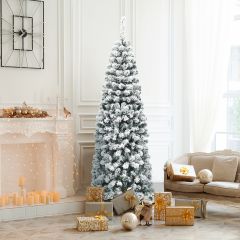 Costway 180 cm Bleistift Weihnachtsbaum mit Schnee künstlicher Tannenbaum mit Metallständer Grün + Weiß