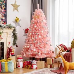 Costway 180 cm hoher rosa künstlicher Weihnachtsbaum mit rosa Ornamenten Tannenbaum Festtagsdekoration