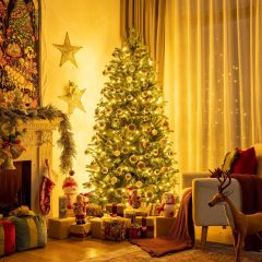 Costway 180 cm hoher beleuchteter künstlicher Weihnachtsbaum mit LED-Lichter klappbarer Tannenbaum Grün
