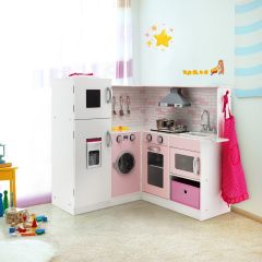 Costway Eckküchen-Spielset Spielküche aus Holz mit Schürze für Kinder Kochmütze 85 x 84 x 85 cm Weiß + Rosa