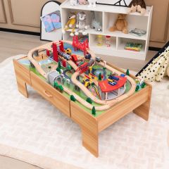Costway 100-teiliges Eisenbahn-Spielzeugset aus Holz mit umkehrbarer Tischplatte für Kinder ab 3 Jahren
