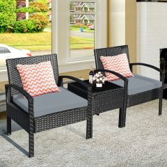 Costway 3-teiliges Terrassen-Set Outdoor-Rattan-Set mit Sitzkissen & Couchtisch modernes Möbel-Set Grau