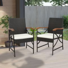 2er Rattan Stühle Set Terrassen-Korbstühle aus PE-Rattan mit Rückenlehne & Armlehne aus Holz