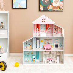 Costway Hölzernes Puppenhaus mit 8-teiligem Möbelset für Kinder ab 3 Jahren 71 x 23,5 x 87 cm