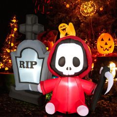 Costway 150 cm großer Aufblasbarer Halloweengeist mit Sichel und Grabstein mit LED-Lichtern