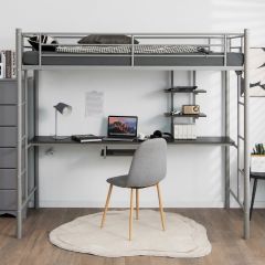 Costway Etagenbettgestell Hochbett aus Metall mit Schreibtisch Leitern und Geländer Silber