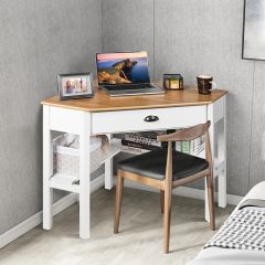 Costway Eckschreibtisch aus Holz Kompakter Schreibtisch mit Schublade & Regalen 75 x 75 x 76 cm Natur + Weiß