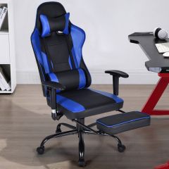 Costway Racing Style Gaming Stuhl höhenverstellbarer Drehstuhl mit einziehbarer Fußstütze Schwarz + Blau