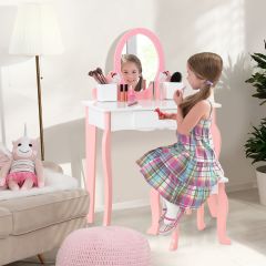 Costway 2-in-1-Kinder-Schminktisch-Set mit Spiegel Make-Up-Tisch 62 x 32 x 93 cm Rosa + Weiß