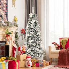 Costway 180 cm hoher künstlicher verschneiter Bleistift-Weihnachtsbaum mit weißen Beeren & Weihnachtssternen