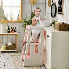 Costway Kinder-Küchenhocker mit Doppelten Sicherheitshandläufen & 3 Verstellbaren Höhen & Rutschfesten Füßen Rosa