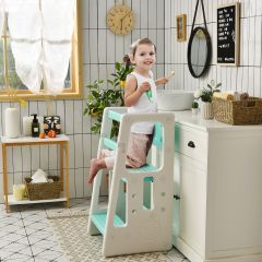 Costway Kinder-Küchenhocker mit Doppelten Sicherheitshandläufen & 3 Verstellbaren Höhen & Rutschfesten Füßen Grün