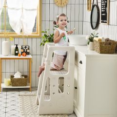 Costway Kinder-Küchenhocker mit Doppelten Sicherheitshandläufen & 3 Verstellbaren Höhen & Rutschfesten Füßen Grau