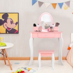 Costway Kinder-Schminktisch und Hocker aus Holz mit Spiegel Schublade 62 x 32 x 93 cm Rosa + Weiß