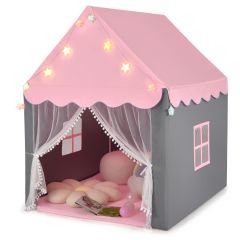 Costway Kinder-Spielzelt Kinderspielhaus mit Sternenlichter 105 x 121 x 136 cm Rosa+Grau