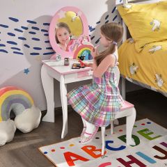 Costway Kinder-Frisiertischset Prinzessinnen-Frisiertisch aus Holz mit Hocker Spiegel Schublade Weiß + Rosa