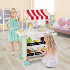 Costway Kindereiswagen Eiswagen aus Holz für Kinder mit Lebensmittelregalen Spielzeuggeschäft für Kleinkinder