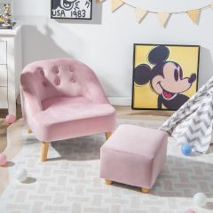 Costway Kinder-Sofa-Set und Ottomane Einzel-Sofa-Stuhl für Kleinkinder mit Passendem Hocker Rosa