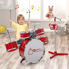 Costway Schlagzeug Kinder Jazz-Schlagzeug- & Keyboard-Set mit Hocker Mikrofonständer Becken Rot