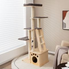 Costway Moderner Kratzbaum aus Holz mit Katzenhaus & Spielzeugball & Rampe 70 x 50 x 169 cm Beige