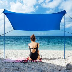 Costway Sonnensegel Camping Sonnenschutz mit 4 Sandsäcken und 2 Alustangen Lycra Sonnendach Blau