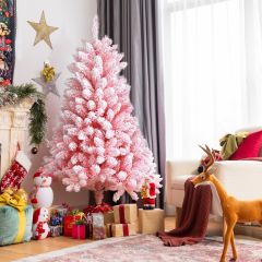 Costway 150 cm Verschneiter Weihnachtsbaum Klappbarer Künstlicher Weihnachtsbaum für Zuhause Rosa