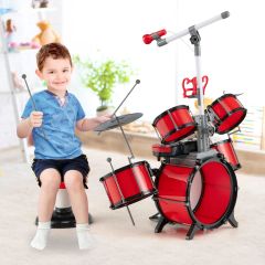 Costway Schlagzeug Kinder Schlagzeugset mit Keyboard Hocker Mikrofon Notenstände Rot
