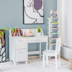 Costway Kinderschreibtisch- und Stuhl-Set Studiertisch mit Schublade und Aufbewahrungsschränken Weiß