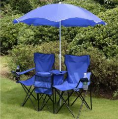 Klappbarer Campingstuhl mit Sonnenschirm für 2 Personen Klappstuhl für Paare Doppel Angelstuhl faltbar mit Getränkehalter Kühltasche Blau